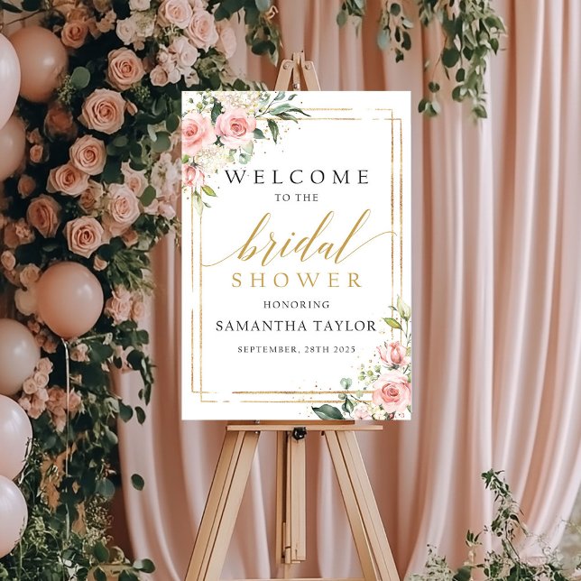 Póster Cartel de bienvenida de despedida de soltera en ro (Blush pink floral gold bridal shower welcome sign)