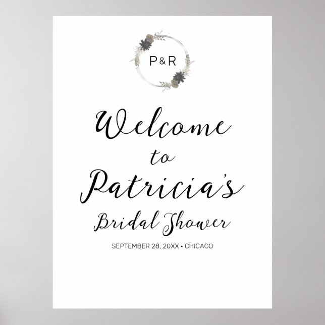 Póster Cartel de bienvenida de ducha de novia floral mono (Frente)
