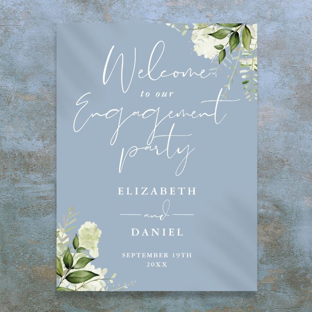 Póster Cartel de bienvenida de fiesta de compromiso Flora (Floral Dusty Blue Engagement Party Welcome Sign)