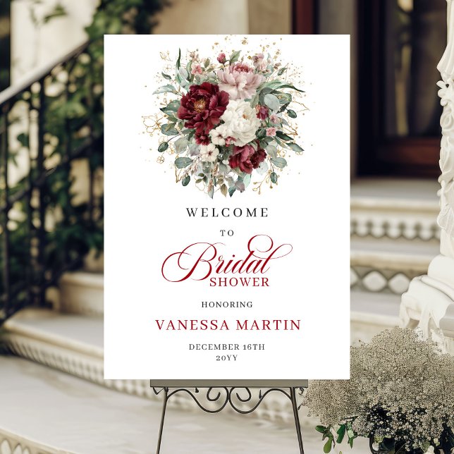 Póster Cartel de bienvenida de flores de Borgoña bohemio  (Boho Burgundy Flowers Greenery Gold Welcome Poster)