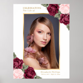 Póster Cartel de bienvenida de funeral rojo rosa dorado f