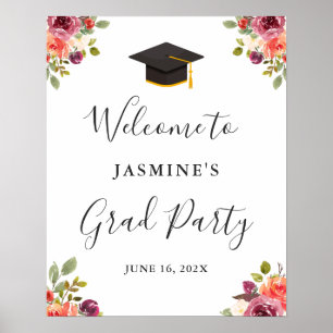 Póster Cartel de bienvenida de graduación floral naranja