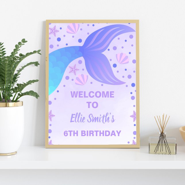 Póster Cartel de bienvenida de la fiesta de cumpleaños de (Purple Mermaid Welcome Signs)