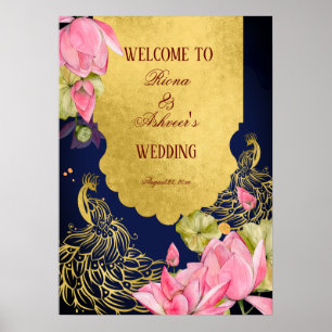 Póster Cartel de bienvenida de loto de pavo real dorado a