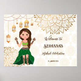 Póster Cartel de bienvenida de Mehndi con la linda novia 