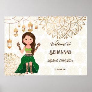 Póster Cartel de bienvenida de Mehndi con la linda novia