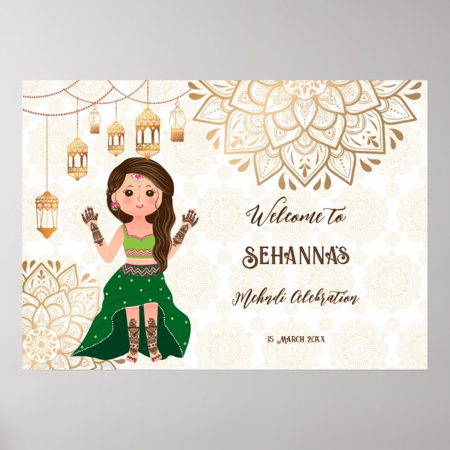 Póster Cartel de bienvenida de Mehndi con la linda novia  (Frente)