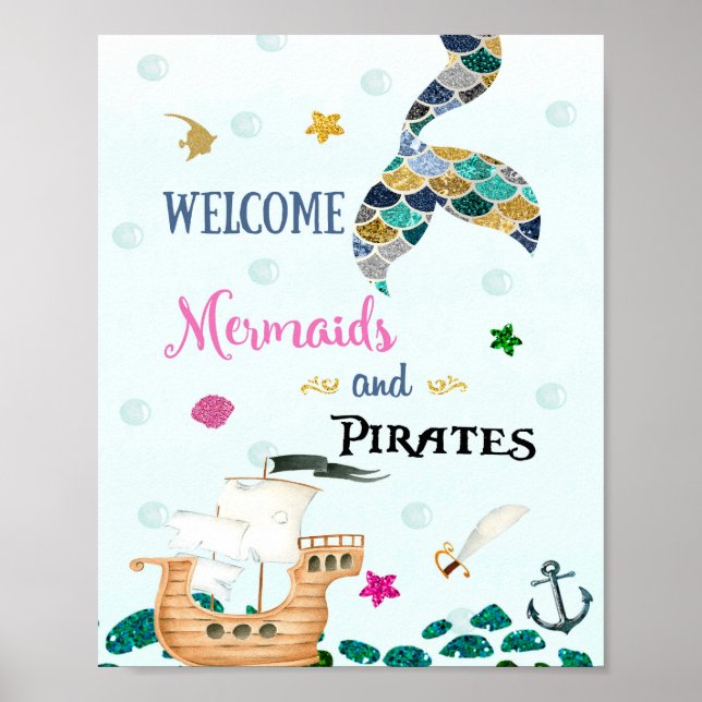 Póster Cartel de bienvenida de Mermaid y Pirate fiesta (Frente)