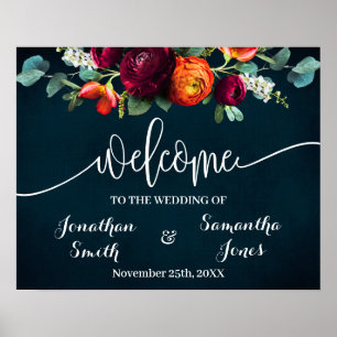 Póster Cartel de bienvenida de vino de boda azul marino b