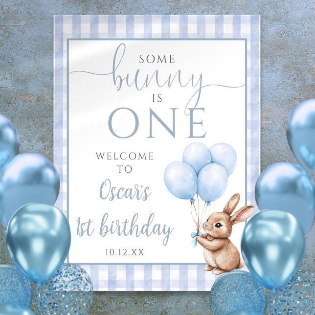 Póster Cartel de bienvenida del 1er cumpleaños de Little  (Little Bunny Blue 1st Birthday Welcome Sign)