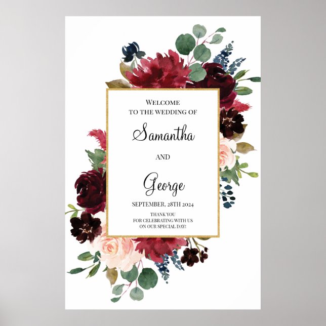 Póster Cartel de bienvenida del boda floral de la marina  (Frente)