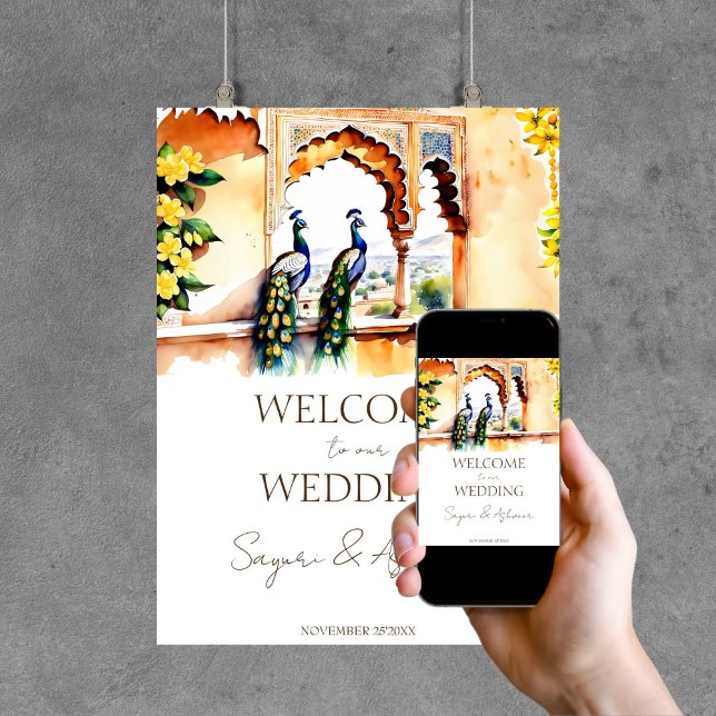 Póster Cartel de bienvenida del boda indio peacock Jaipur (Indian wedding peacocks at  Jaipur palace customized welcome sign template poster instant download)