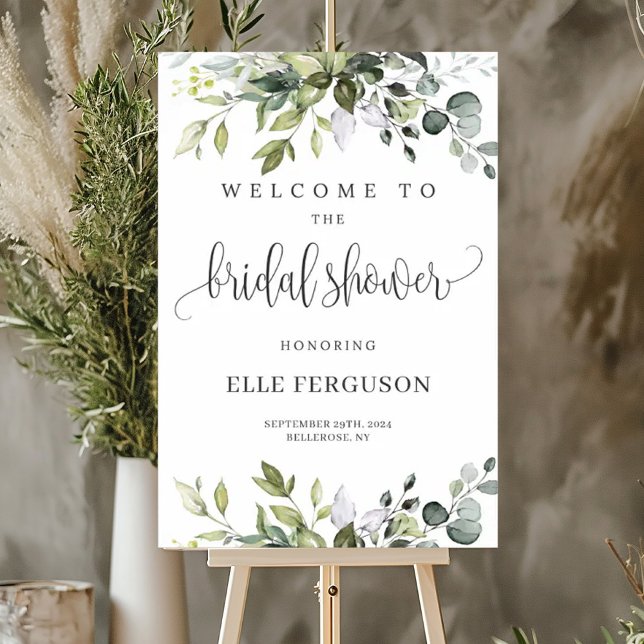 Póster Cartel de bienvenida del follaje verde boho con du (Greenery foliage boho bridal shower welcome sign)