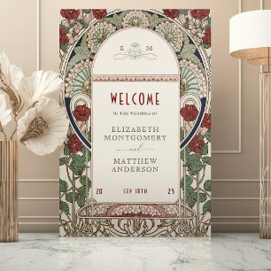 Póster Cartel de bienvenida dorado y borgoña en estilo Ar