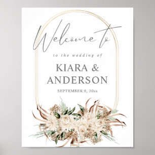 Póster Cartel de bienvenida floral beige bohemio