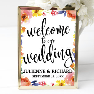 Póster Cartel de bienvenida floral para boda acuarela 8x1