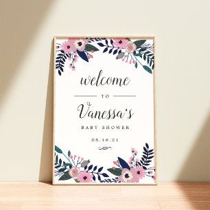Póster Cartel de bienvenida floral rosa para boda o baby 