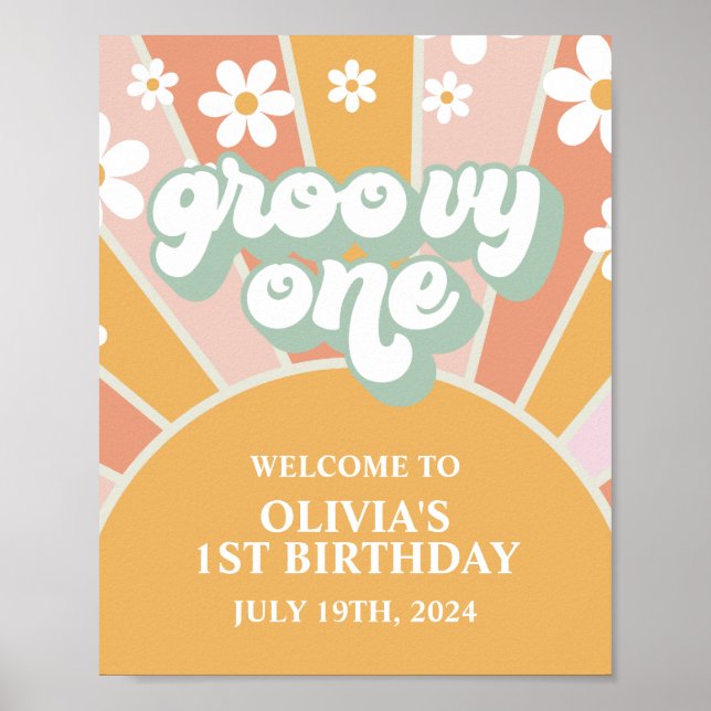 Póster Cartel de bienvenida Groovy One Sunshine First Bir (Frente)