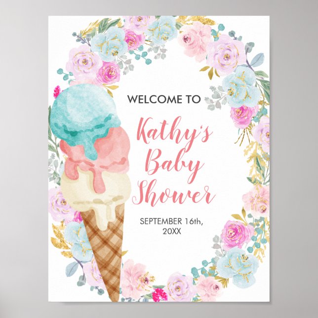 Póster Cartel de bienvenida Helado Flores pastel (Frente)