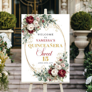 Póster Cartel de bienvenida Mis Quince Boho Burgundy Flor