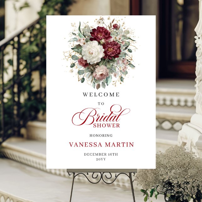 Póster Cartel de Bienvenida Nupcial con Flores de Marsala (Marsala Flowers Greenery Gold Bridal Welcome Sign

)