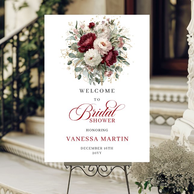 Póster Cartel de bienvenida nupcial con flores y vegetaci (Burgundy Flowers Greenery Gold Bridal Welcome Sign

)
