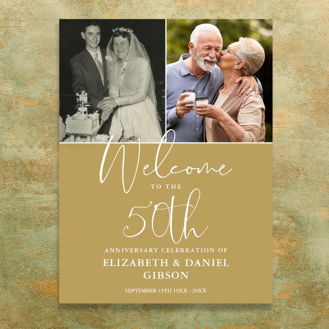 Póster Cartel de bienvenida para 50 aniversario de boda c (50th Wedding Anniversary 2 Photo Welcome Sign)