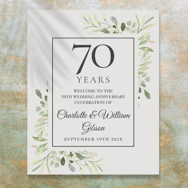 Póster Cartel de bienvenida para aniversario de bodas 70  (Greenery 70th Wedding Anniversary Welcome Sign)