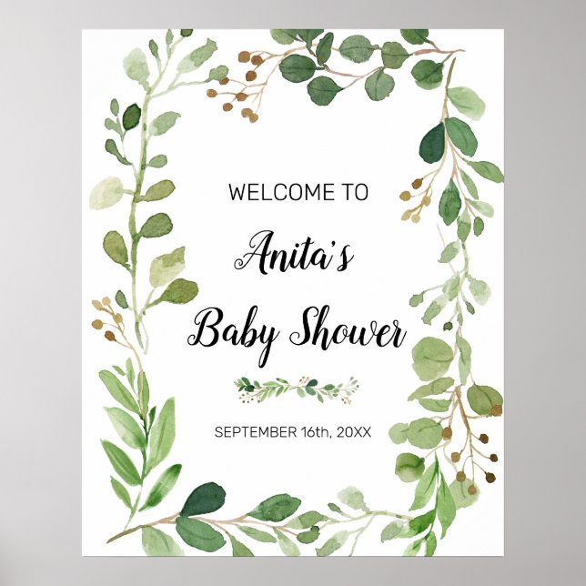 Póster Cartel de bienvenida para baby shower acuarela ver (Frente)