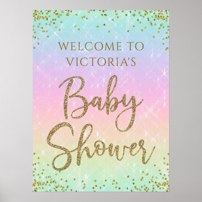 Póster Cartel de bienvenida para baby shower arcoíris (Frente)