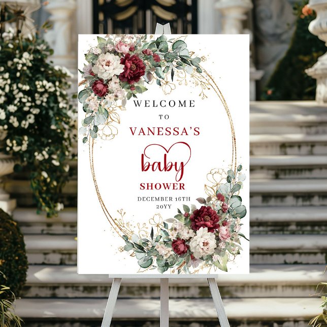 Póster Cartel de bienvenida para baby shower con flores d (Burgundy Floral Greenery Baby Shower Welcome)