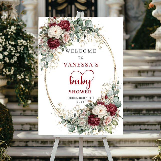 Póster Cartel de bienvenida para baby shower con flores d (Burgundy Floral Gold Baby Shower Welcome)