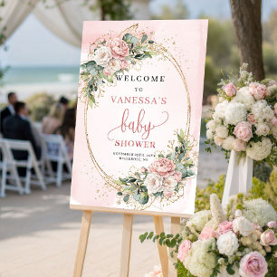 Póster Cartel de bienvenida para baby shower con flores r