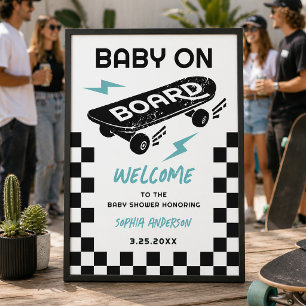 Póster Cartel de Bienvenida para Baby Shower con Patineta