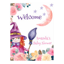 Cartel de bienvenida para baby shower de Bruja de 