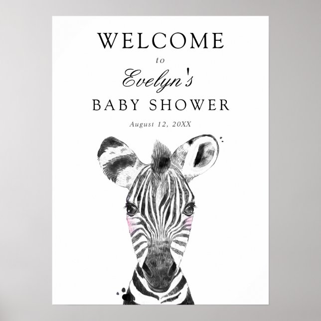 Póster Cartel de bienvenida para baby shower de cebra (Frente)