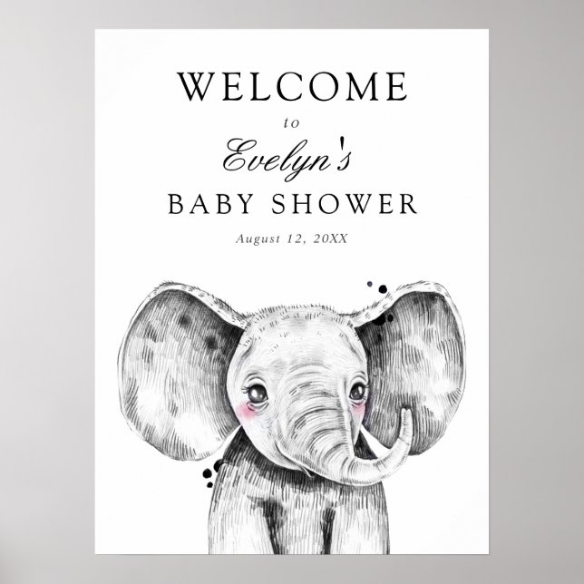 Póster Cartel de Bienvenida para Baby Shower de Elefante (Frente)