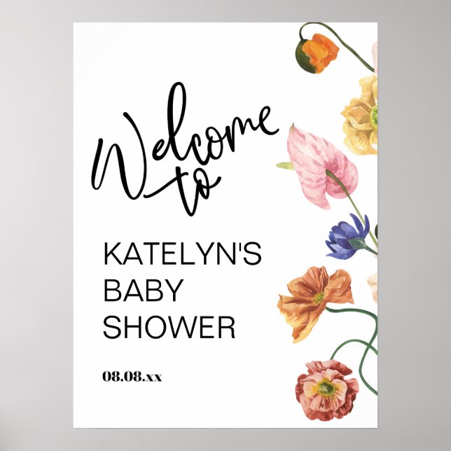 Póster Cartel de bienvenida para baby shower de flores si (Frente)