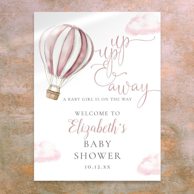 Póster Cartel de bienvenida para baby shower de globo aer (Pink Hot Air Balloon Baby Shower Welcome Sign)