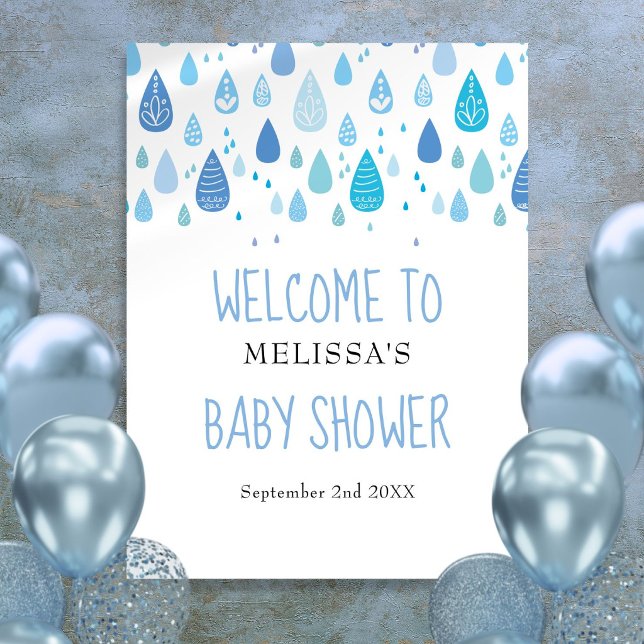 Póster Cartel de bienvenida para baby shower de gotas de  (Cute Blue Raindrops Baby Shower Welcome Sign)
