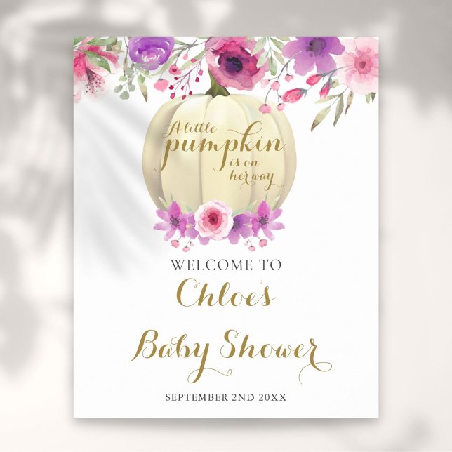 Póster Cartel de bienvenida para baby shower de niña con  (Floral Pumpkin Pink Girl Baby Shower Welcome Sign)