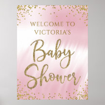 Cartel de bienvenida para baby shower de oro rosa
