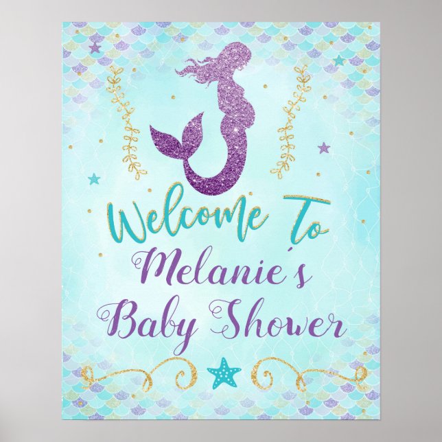Póster Cartel de bienvenida para baby shower de sirena (Frente)