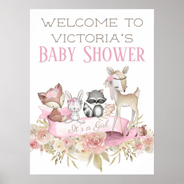 Póster Cartel de bienvenida para baby shower en bosque (Frente)
