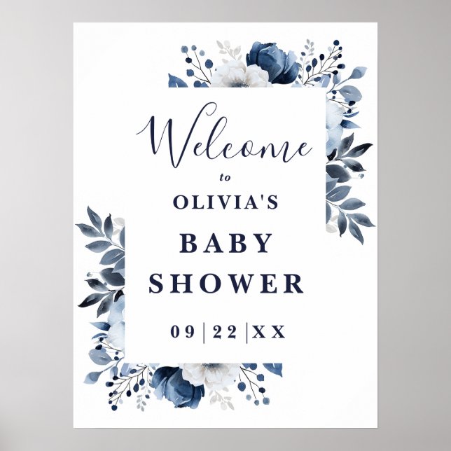 Póster Cartel de bienvenida para baby shower floral azul  (Frente)