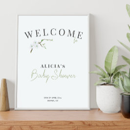 Póster Cartel de bienvenida para baby shower floral azul 