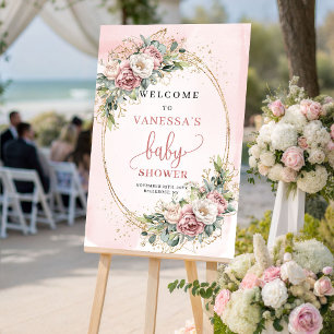 Póster Cartel de bienvenida para baby shower floral rosa 
