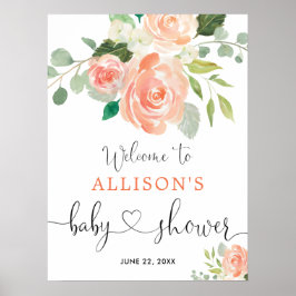 Póster Cartel de bienvenida para baby shower floral verde