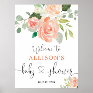 Póster Cartel de bienvenida para baby shower floral verde