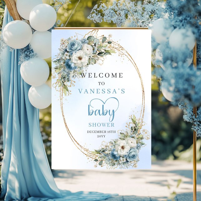 Póster Cartel de bienvenida para baby shower Flores azule (Baby Shower Welcome Sign Dusty Blue Flowers & Gold Script)